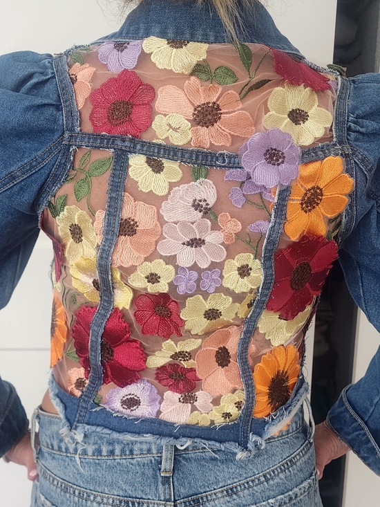 Upcycled Tops - Floral Embroidered Sheer-Back Denim Jacket - Multicolor